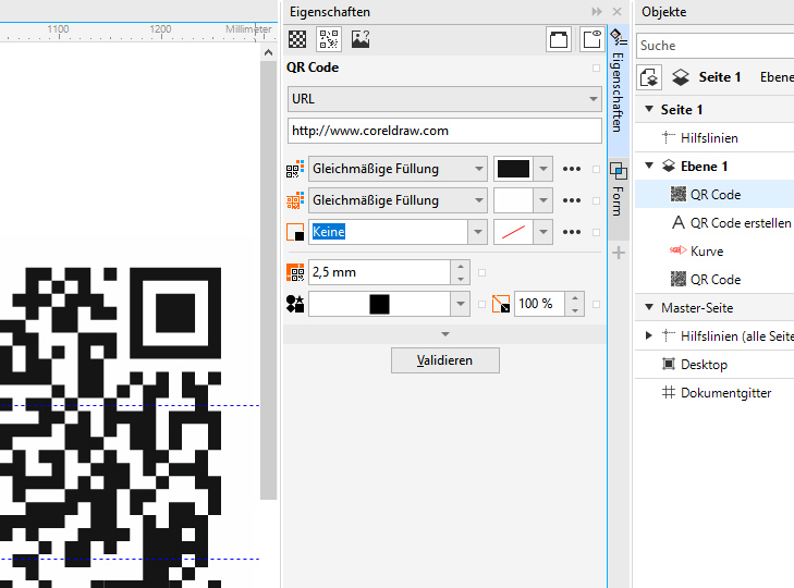 Andockfenster Eigenschaften QR Code