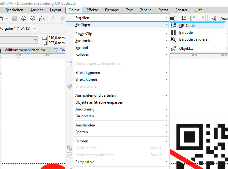 Coreldraw Menü Objekt Einfügen QR Code